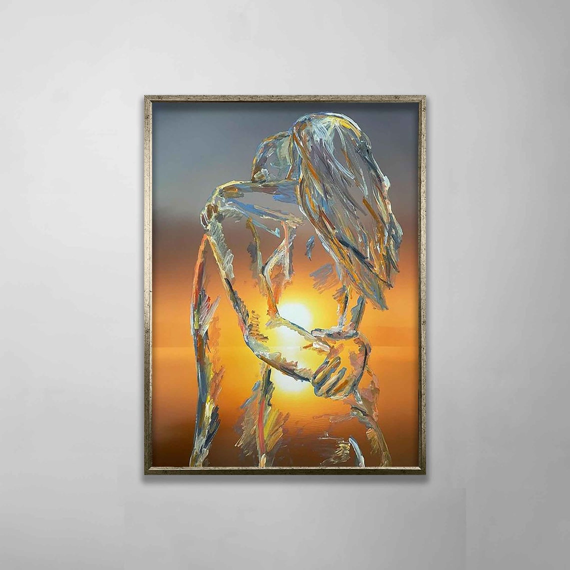 Embracing Couple Silhouette Sunset Double Exposure Love Art Poster