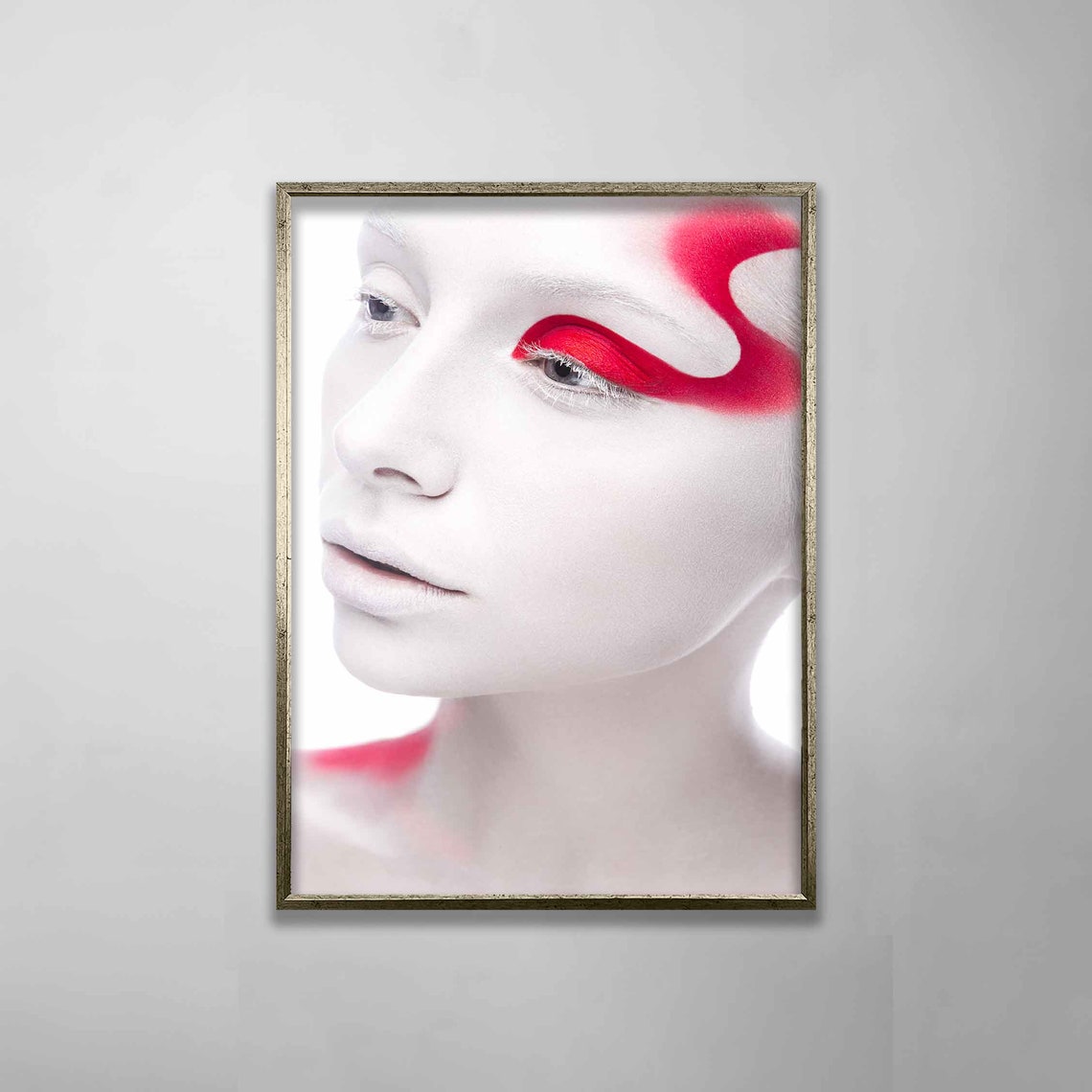 White Face Red Graphic Eye Makeup Beauty Portrait Wall Art Poster