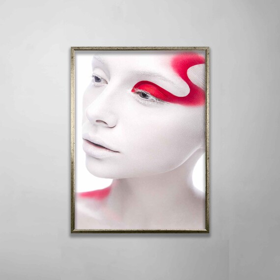White Face Red Graphic Eye Makeup Beauty Portrait Wall Art Poster