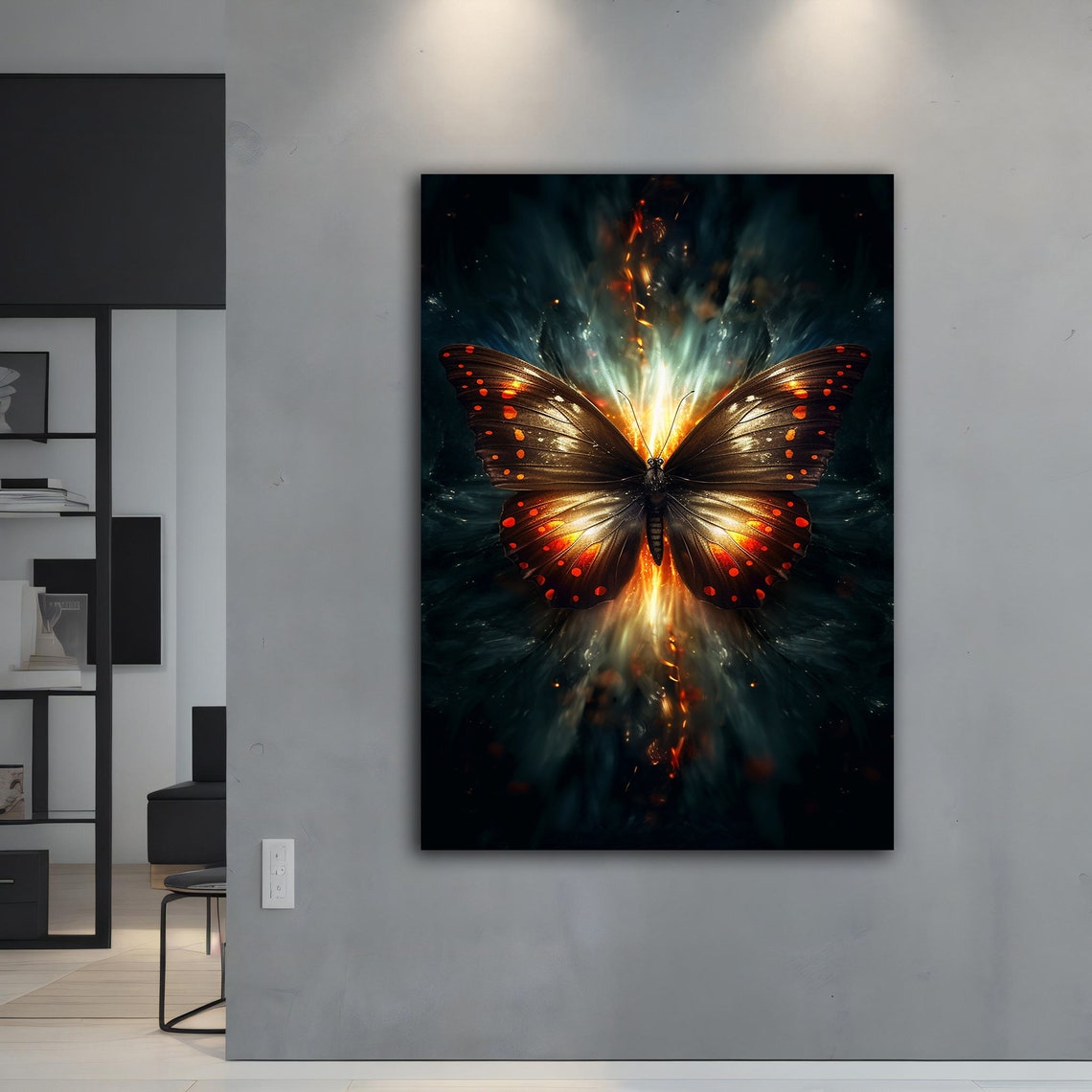 Glowing Butterfly on Dark Background Fire Light Wings Wall Art Print - Image 4