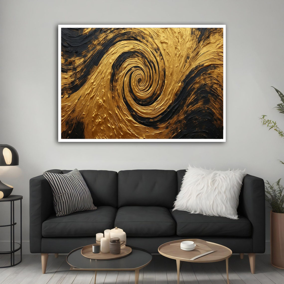 Gold Black Spiral Vortex Abstract Painting Textured Swirl Wall Poster - Image 3