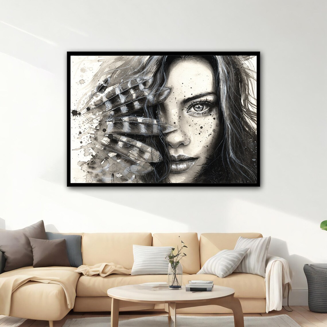 Woman Face Feathers Black White Watercolor Portrait Elegant Wall Art Poster - Image 4