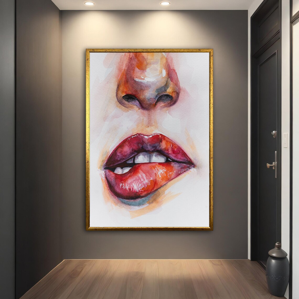 Watercolor Red Lips Close Up Woman Face Beauty Art Print Poster - Image 2