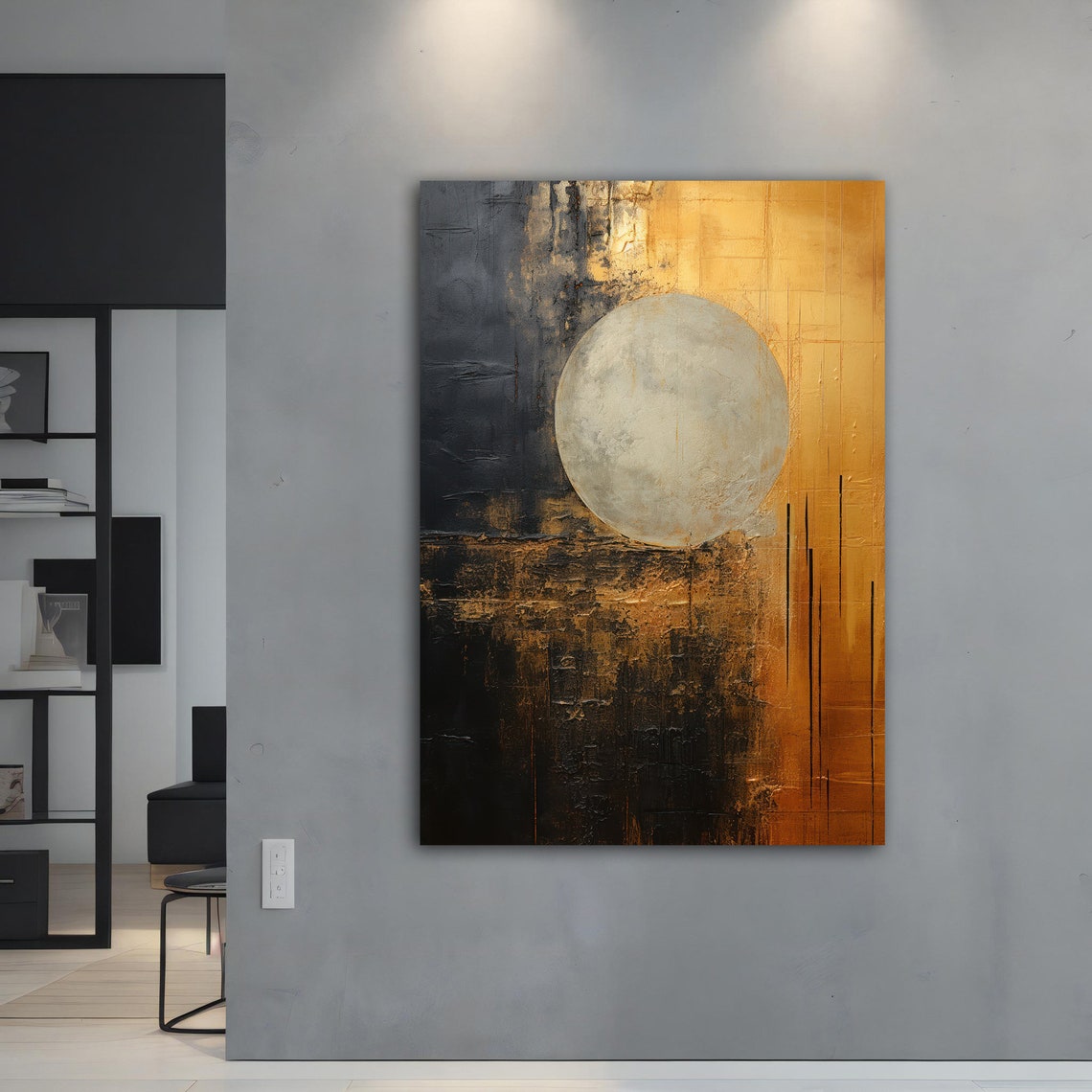 Black And Gold Abstract Painting With Large Moon Sphere Wall Art - Image 3