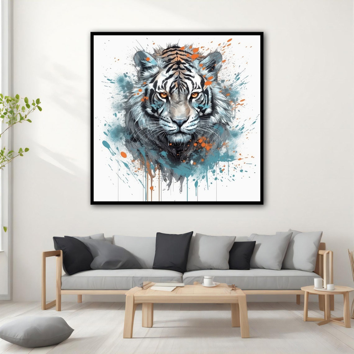White Tiger Face Watercolor With Blue And Orange Paint Splashes Poster - Image 2