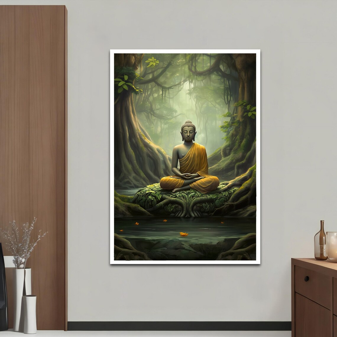 Buddha Meditating Jungle Water Golden Robe Serene Spiritual Art Poster - Image 2