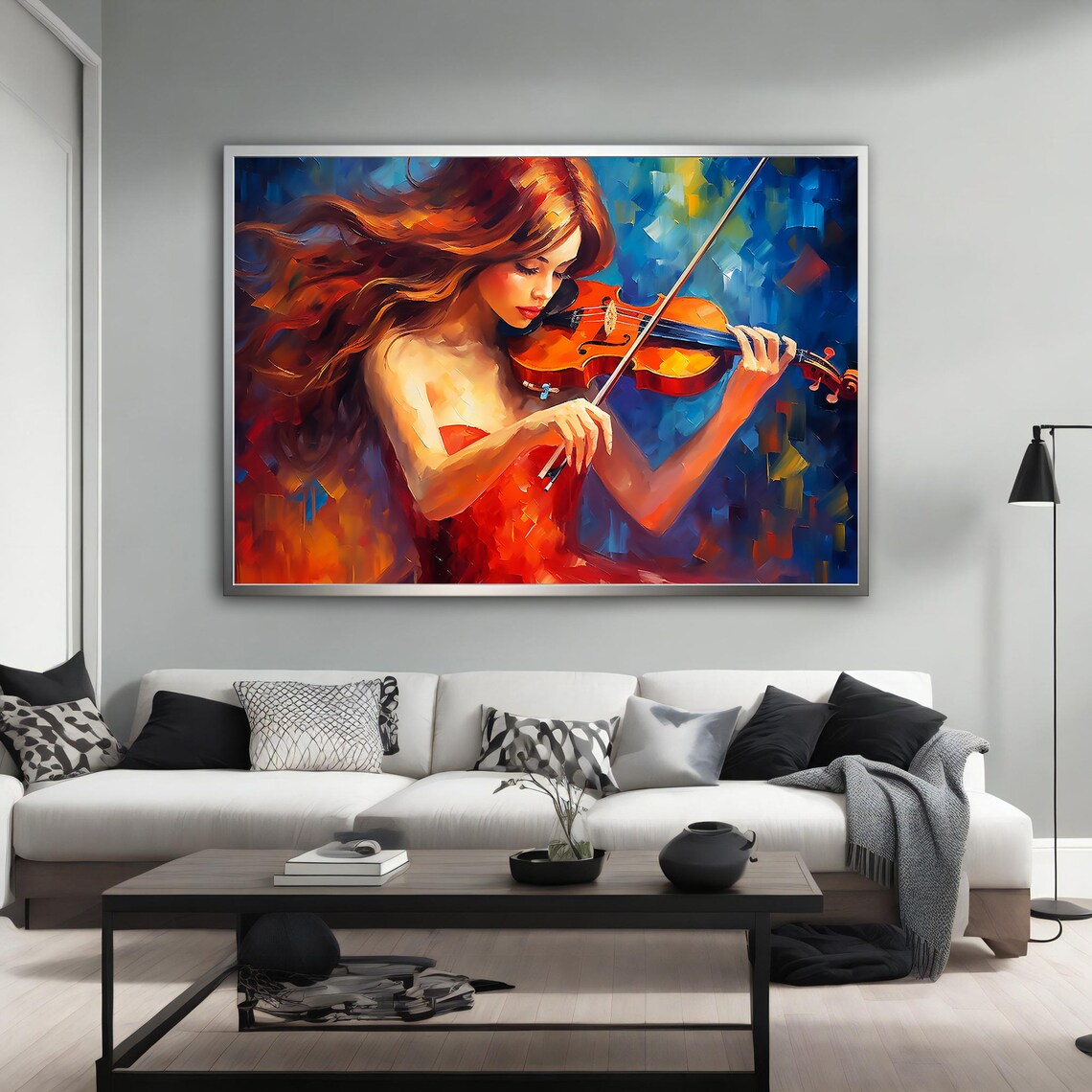 Violinist Woman in Red Dress Oil Painting Blue Musical Art Poster - Image 3