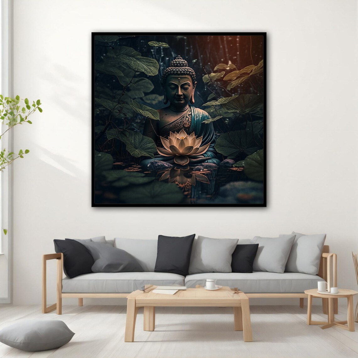 Buddha Lotus Flower Pond Dark Botanical Serene Meditation Wall Art Poster - Image 3