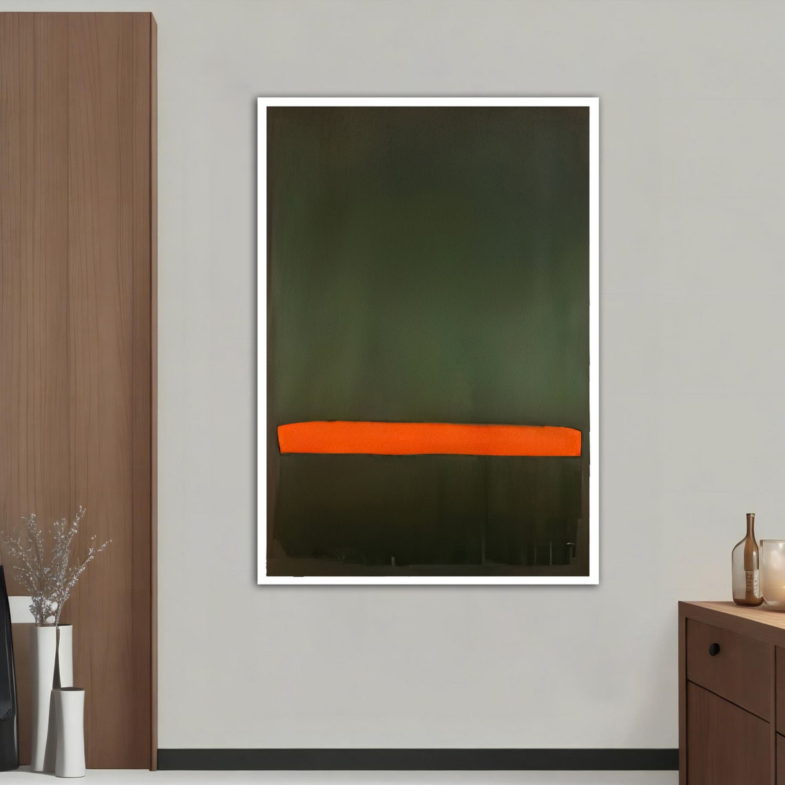 Dark Green Abstract Color Field Orange Stripe Modern Wall Art Poster - Image 4