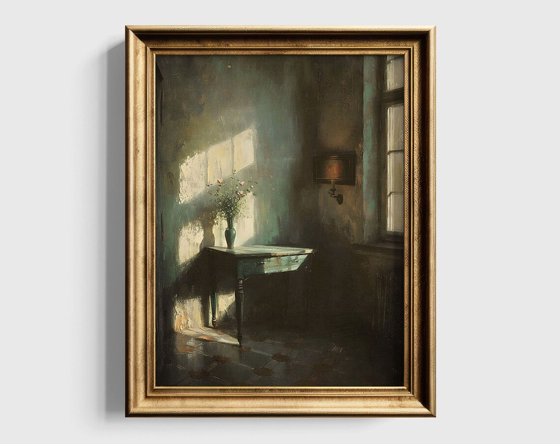 Sunlit Vintage Room Corner Moody Interior Painting With Table And Vase Poster