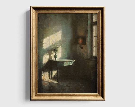 Evening Shadows Dark Academia Print Moody Wall Art Vintage Still Life Painting Gothic Decor Green Wall Art