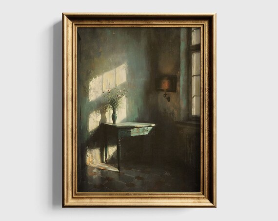 Sunlit Vintage Room Corner Moody Interior Painting With Table And Vase Poster