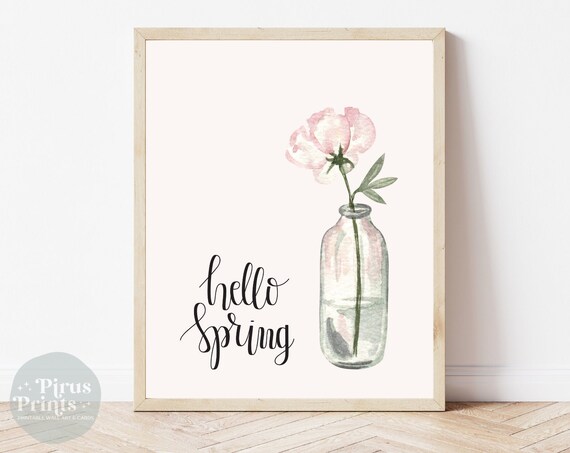 Hello Spring Watercolor Floral Art Print, Spring Decor