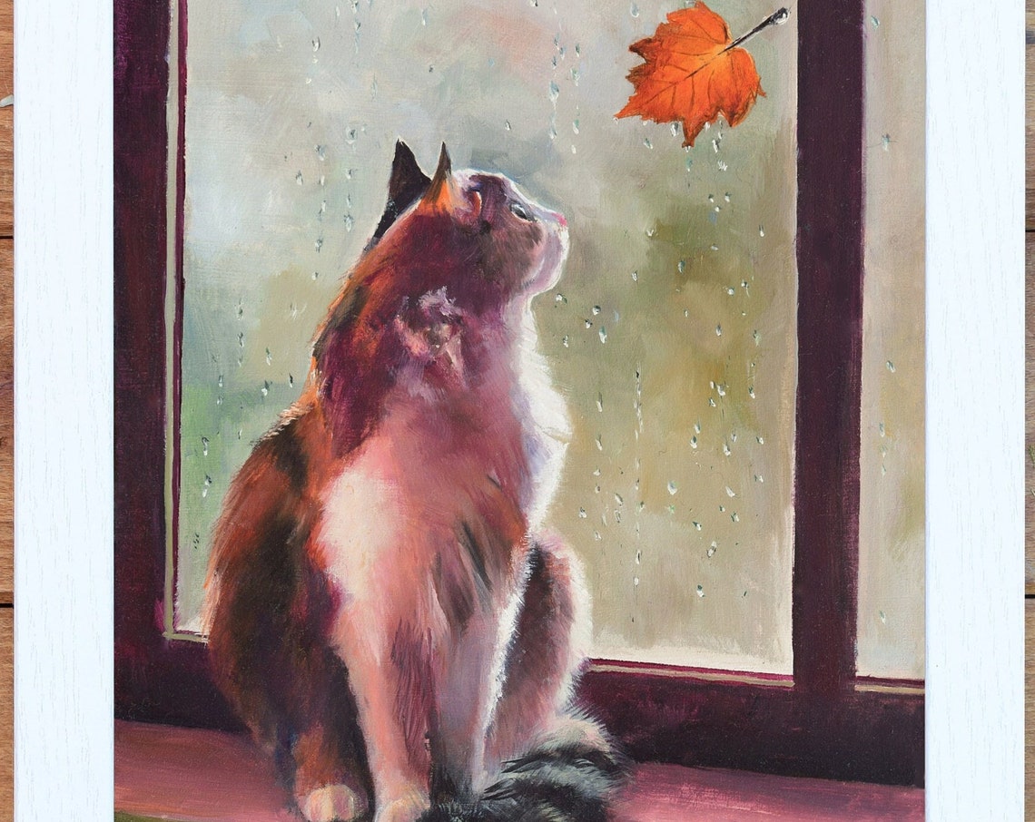 Cat Watching an Orange Maple Leaf on a Rainy Windowpane Poster - Image 4