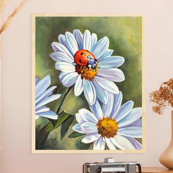 Daisy And Ladybug Print Flower And Insect Painting Farmhouse Botanical Art Print Country Kids Room Decor Ladybug Gifts For Nature Lover