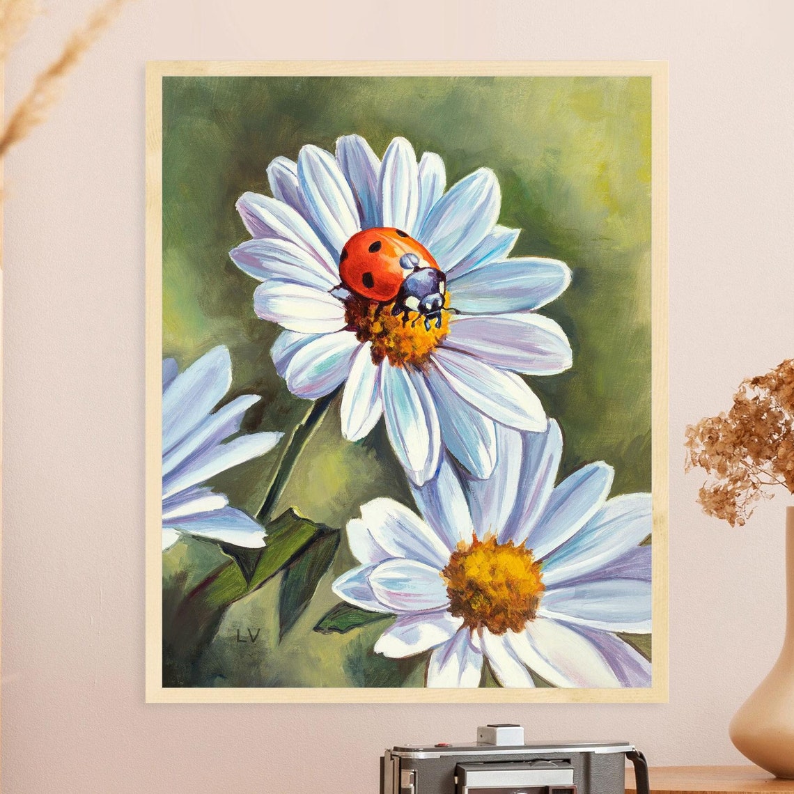 Daisy And Ladybug Print Flower And Insect Painting Farmhouse Botanical Art Print Country Kids Room Decor Ladybug Gifts For Nature Lover