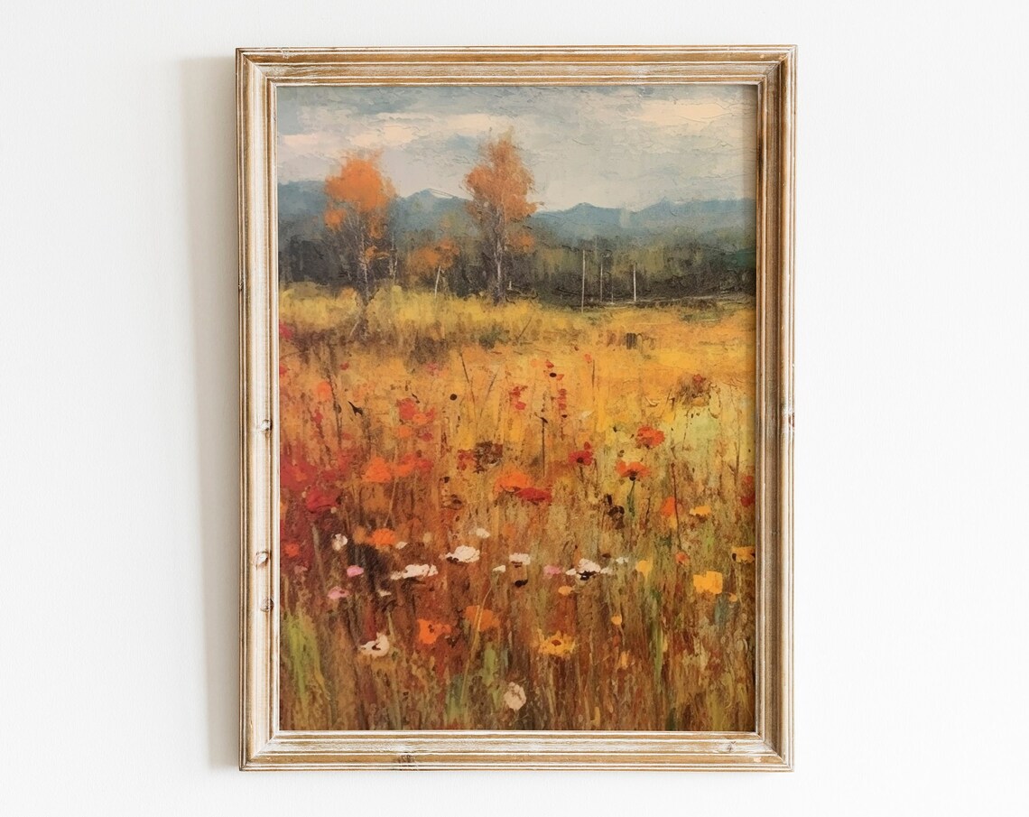 Autumn Wildflower Meadow Golden Fall Vintage Floral Landscape Poster