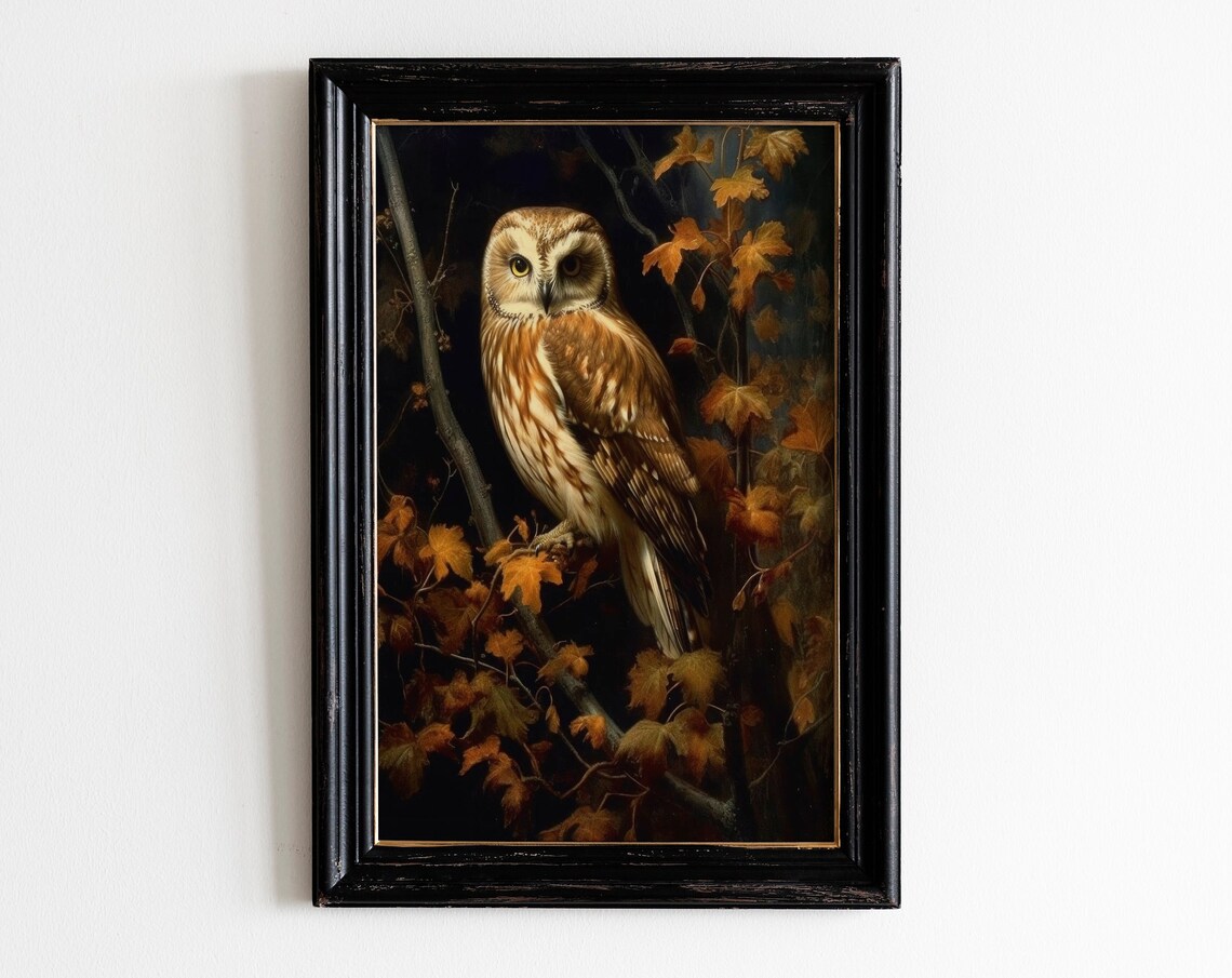 Northern Saw Whet Owl Autumn Leaves Moody Dark Wildlife Wall Poster