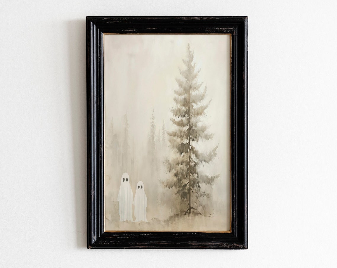 Two Cute Ghosts Beside Tall Pine Tree Misty Forest Halloween Wall Art - Image 3