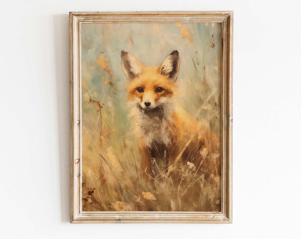 British Red Fox Portrait Golden Meadow Vintage Animal Art Print