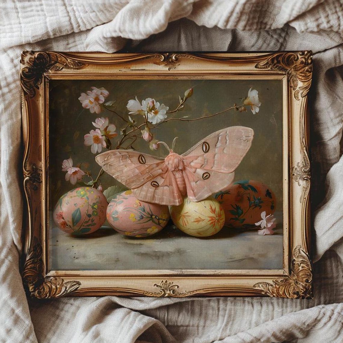Pink Moth with Painted Easter Eggs and Spring Blossoms Art Poster