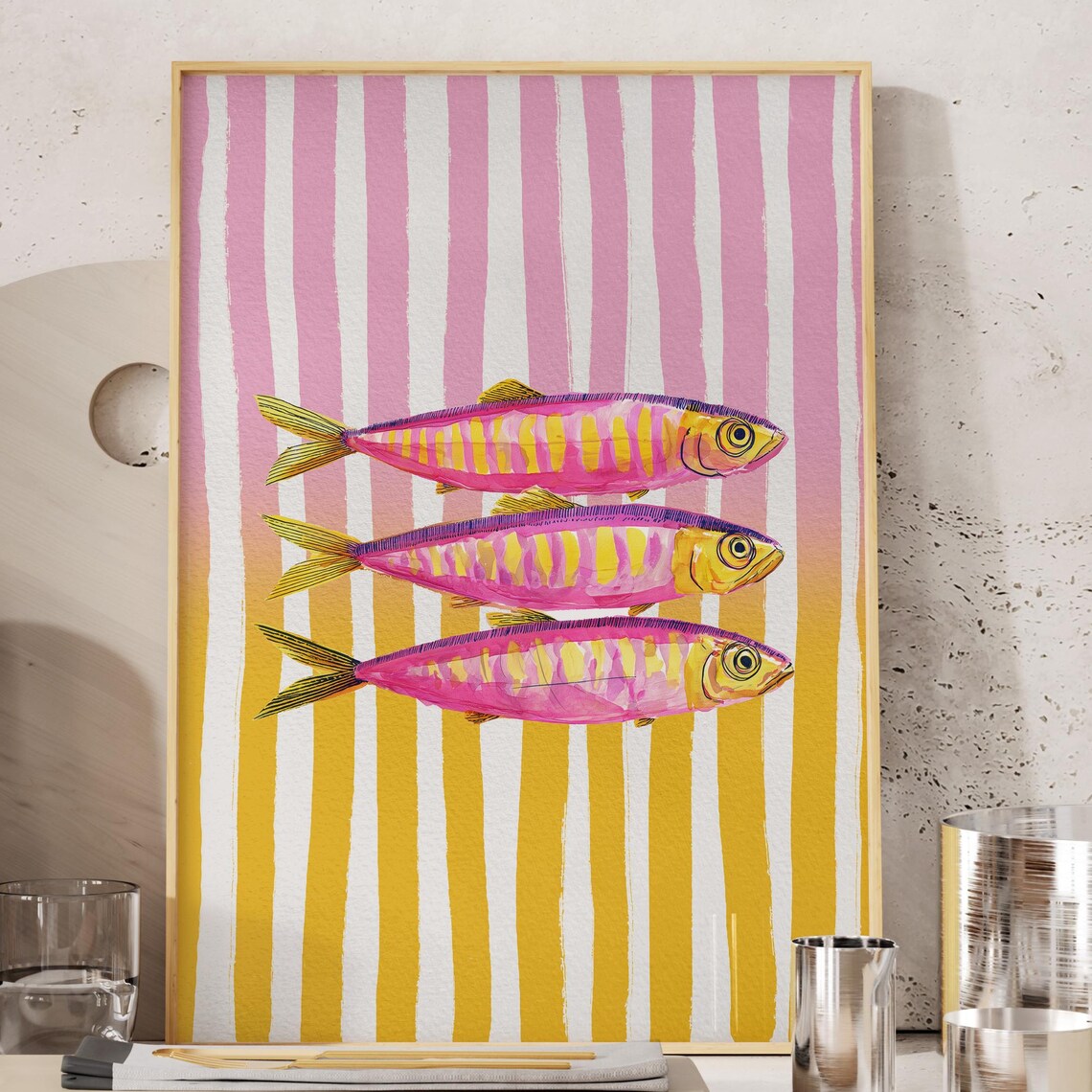 Sardines Print Trendy Kitchen Wall Art Retro Modern Home Decor Pink Stripes Poster Fish