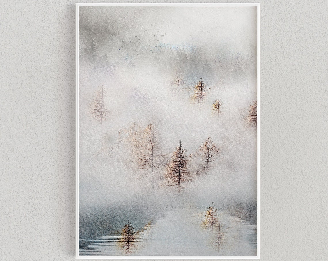 Misty Pine Forest Lake Foggy Dreamy Watercolor Nature Wall Art
