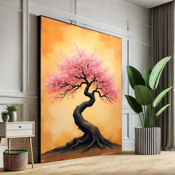 Majestic Cherry Blossom Tree Canvas Wall Art Print Pink And Orange Living Room Decor Statement Piece