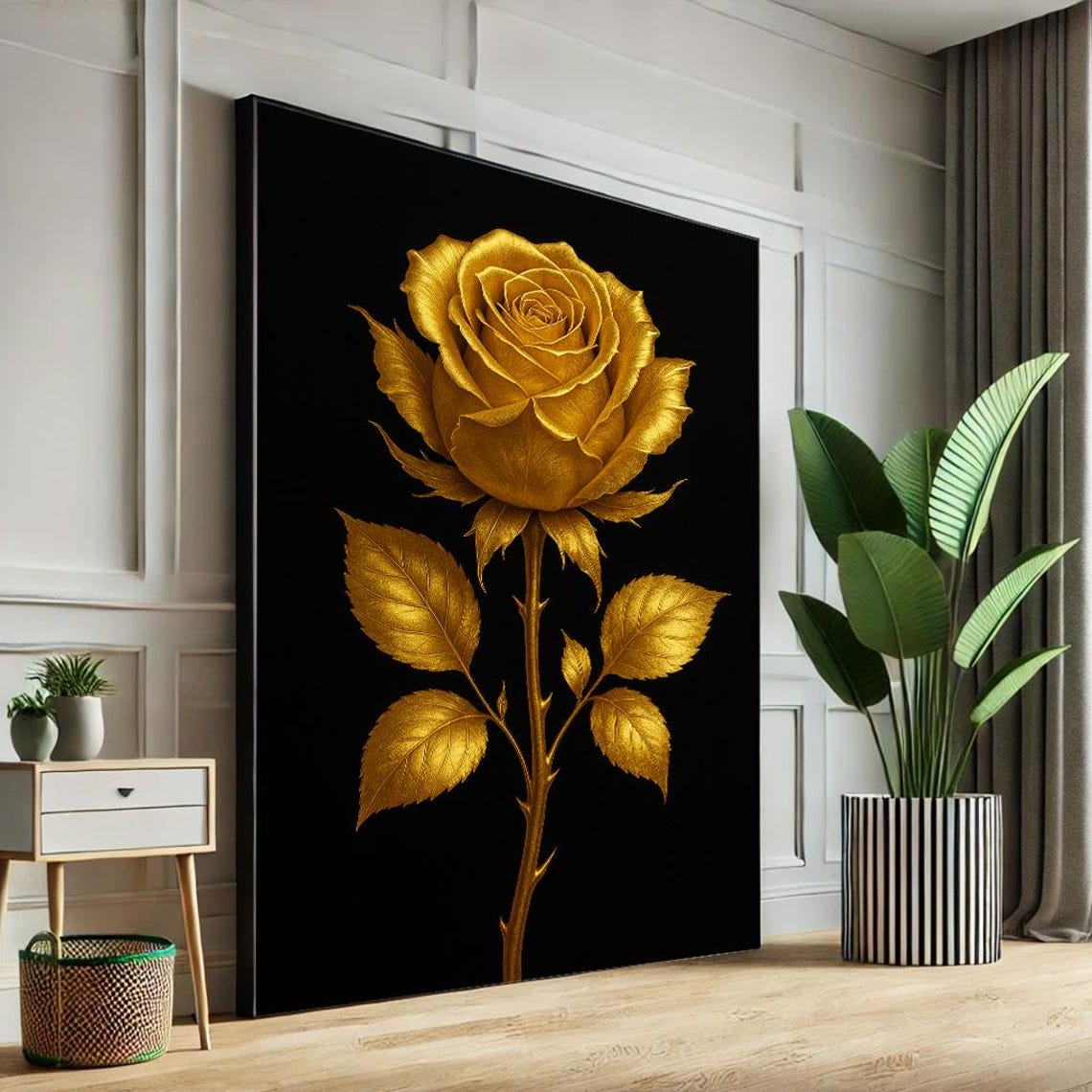 Opulent Golden Rose on Black Background Botanical Art Poster