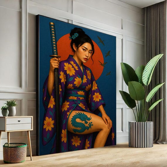 Elegant Japanese Woman With Katana Canvas Wall Art Bold Oriental Living Room Decor Statement Piece