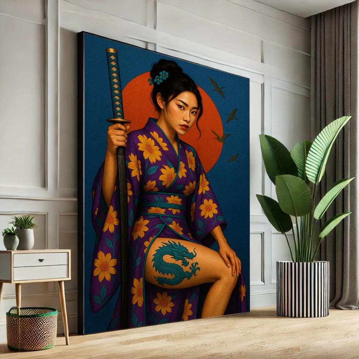 Elegant Japanese Woman Katana Purple Kimono Red Sun Art Poster