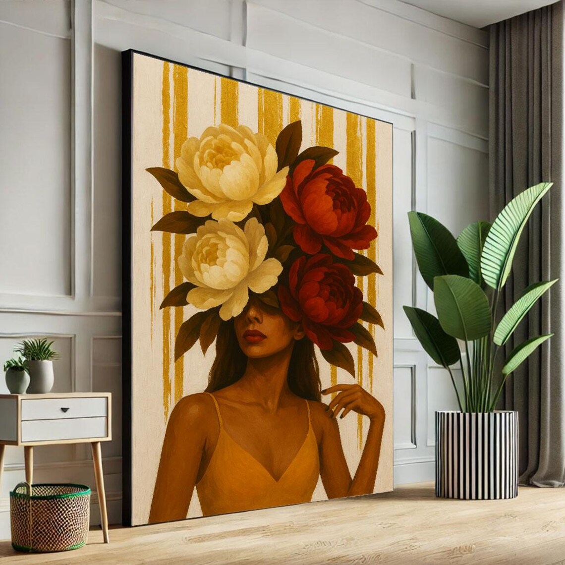 Woman In Mustard Dress With Peony Bouquet Over Eyes Gold Art Poster