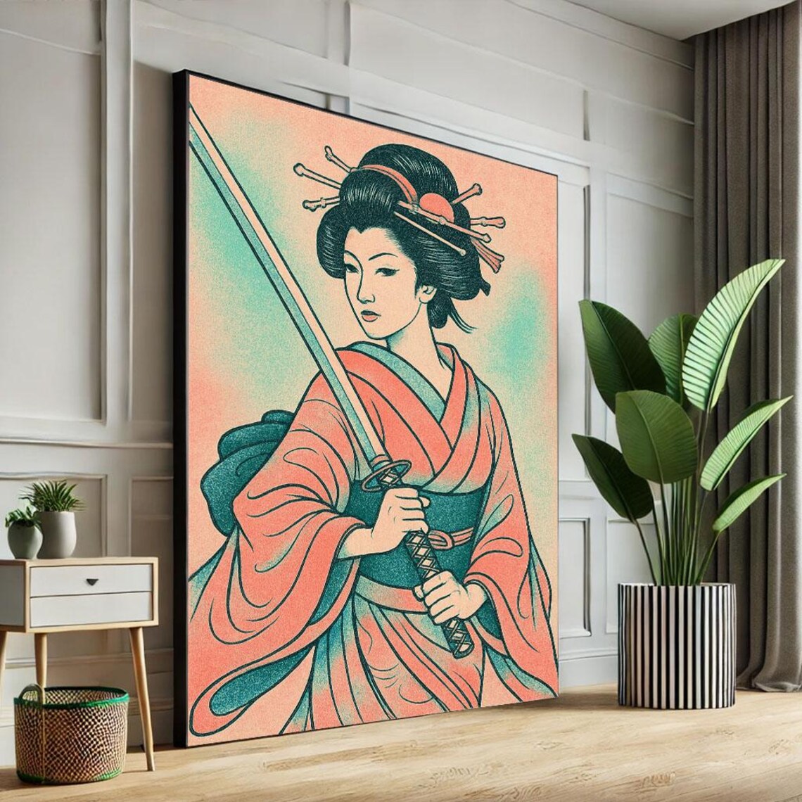 Geisha Warrior Katana Retro Woodblock Coral Teal Japanese Art Poster