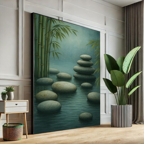 Serene Zen Stone Cairn Bamboo Water Peaceful Tranquil Garden Poster