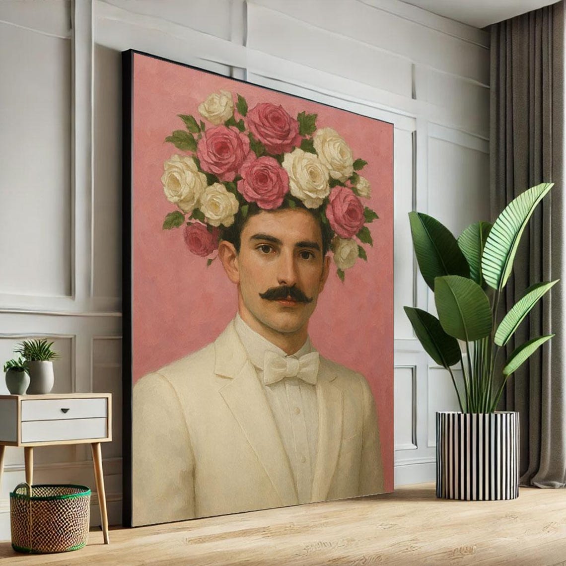 Elegant Mustached Man Floral Rose Crown Vintage Dandy Art Poster