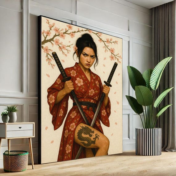 Fierce Samurai Woman Canvas Wall Art Print Cherry Blossom Japanese Style Living Room Decor Statement Piece