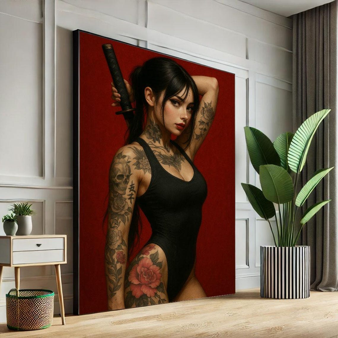 Fierce Tattooed Woman With Katana Canvas Wall Art Print Bold Bedroom Decor Statement Piece