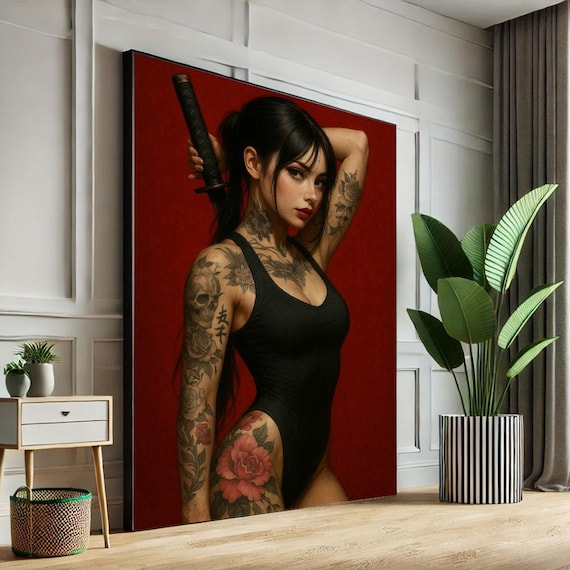 Tattooed Warrior Woman With Katana Black Bodysuit Red Art Poster