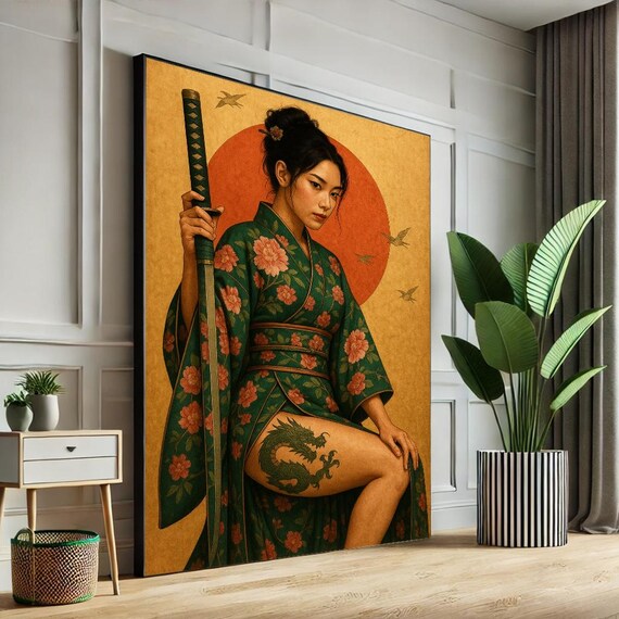 Samurai Woman Canvas Japanese Warrior Art Print Katana Girl Poster Dragon Tattoo Wall Home Decor