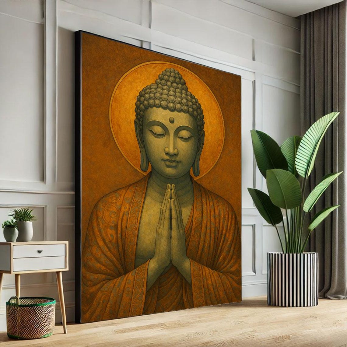 Praying Buddha Orange Robe Gold Halo Amber Warm Zen Wall Poster