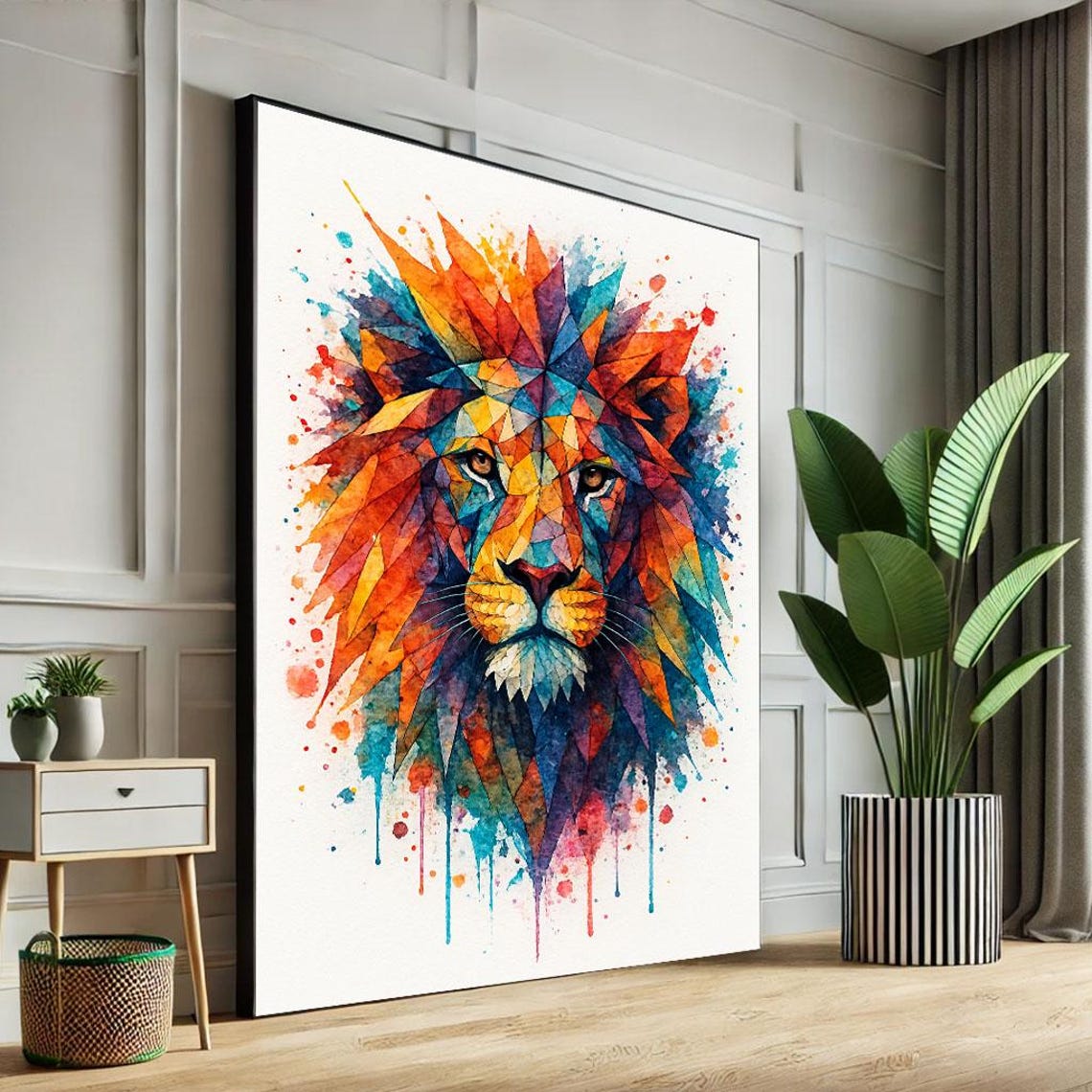 Vibrant Geometric Lion Canvas Wall Art Print Colorful Living Room Decor Statement Piece For Modern Lovers
