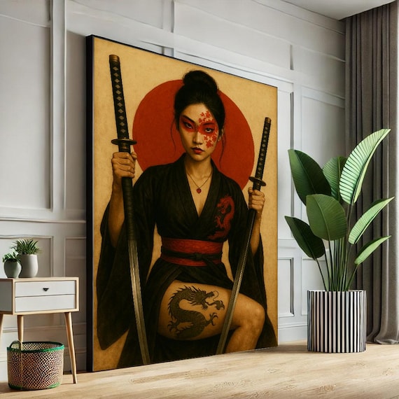 Fierce Samurai Woman With Twin Katanas And Red Face Paint Poster