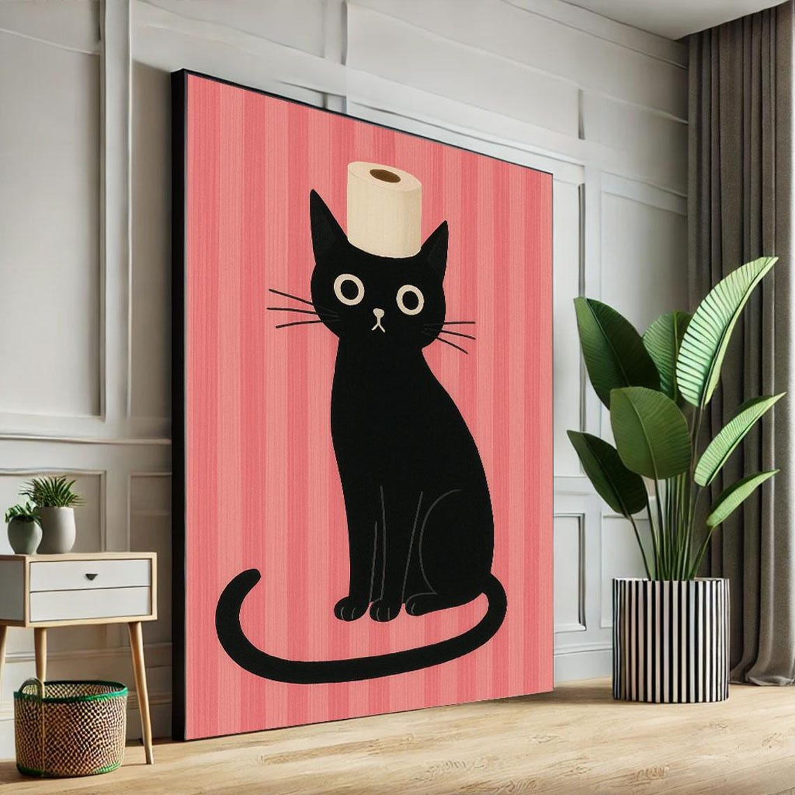 Quirky Black Cat Toilet Paper Roll Funny Pink Bathroom Wall Poster