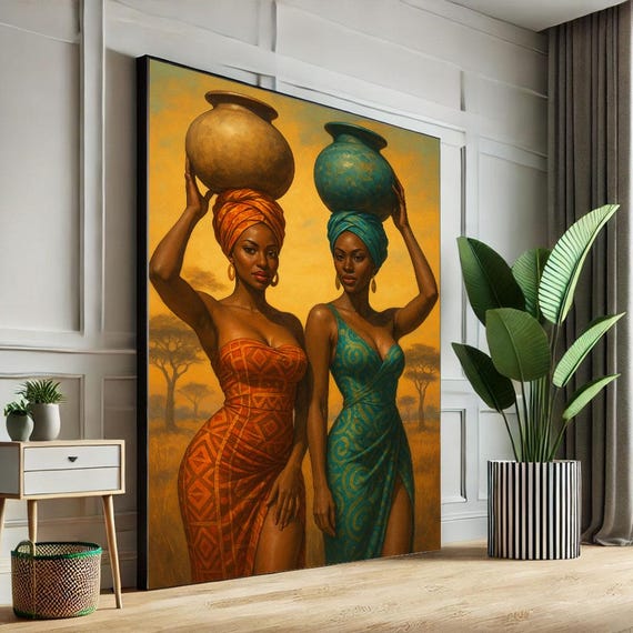 Bold African Women With Water Jugs Canvas Wall Art Print Vibrant Living Room Decor Statement Piece