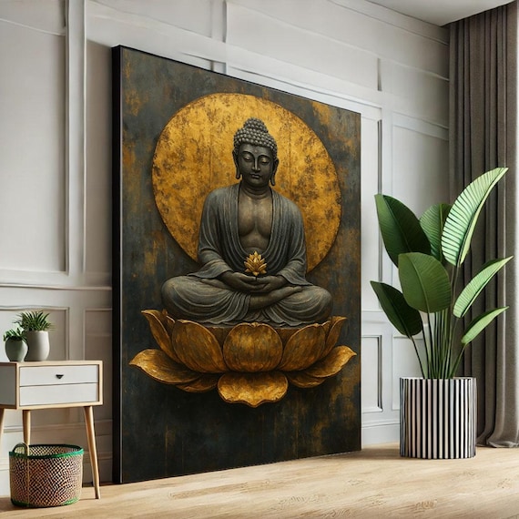 Bronze Buddha Golden Lotus Moon Halo Dark Texture Zen Wall Poster