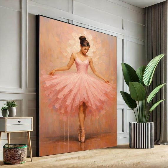 Elegant Ballerina In Pink Dress Canvas Wall Art Print Modern Bedroom Decor Ready To Hang