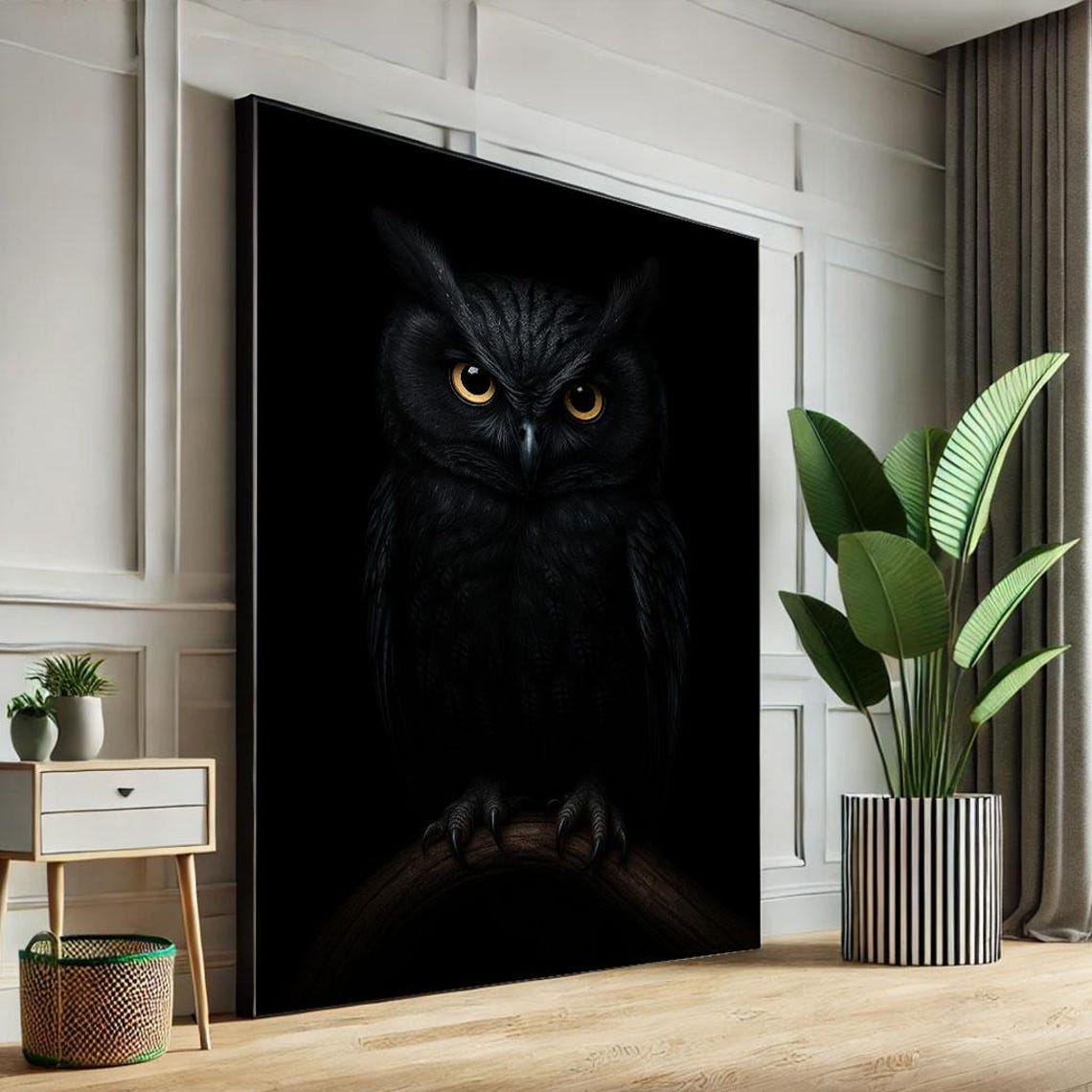 Black Owl With Golden Eyes Emerging From Darkness Moody Art Poster