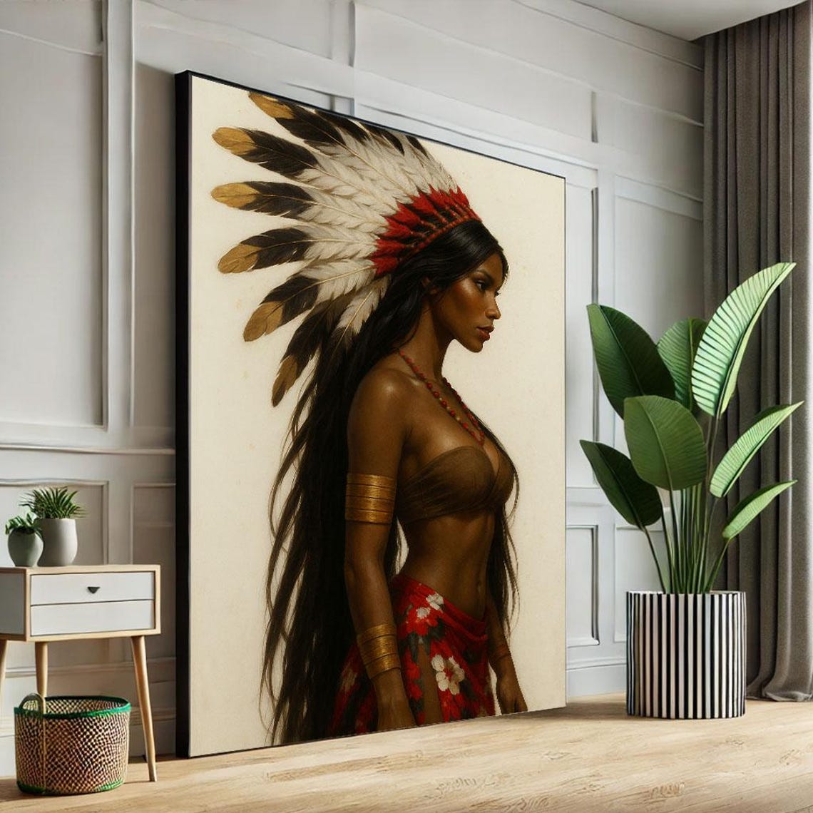 Native Woman In Feather Headdress Profile Vintage Style Art Poster