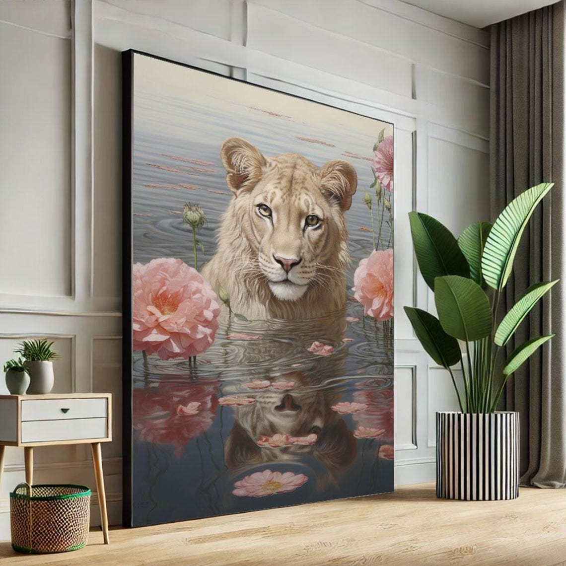 Serene Lion In Water With Flowers Canvas Wall Art Print Elegant Living Room Decor Statement Piece