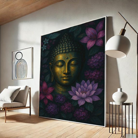 Golden Buddha Canvas Art Dark Floral Zen Print Spiritual Wall Poster Meditation Room Decor Home Gift